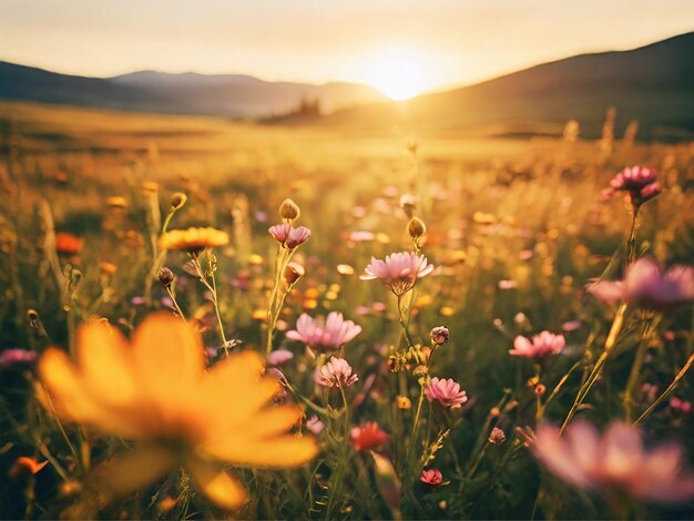 un champ de fleurs sauvages avec le soleil qui se couche derrière eux