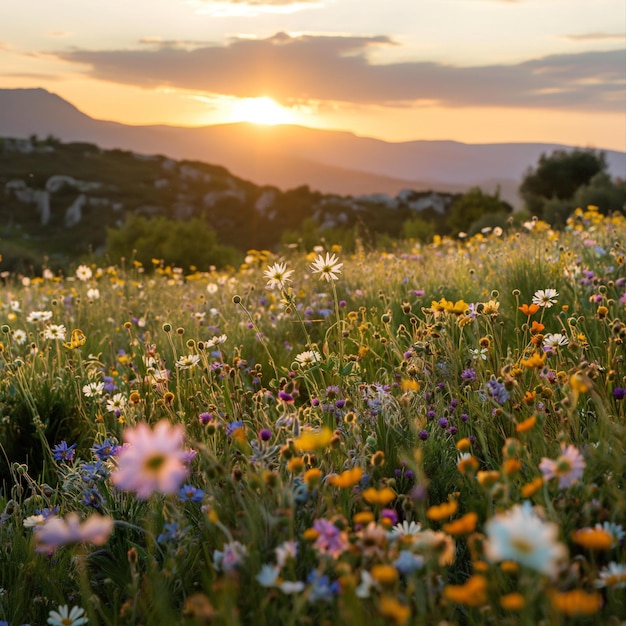 un champ de fleurs sauvages avec le soleil qui se couche derrière eux