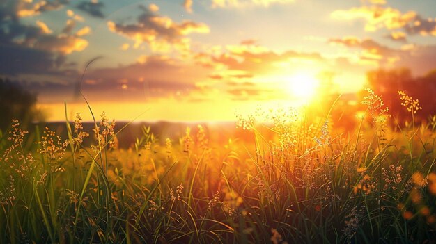 un champ de fleurs sauvages avec le soleil qui se couche derrière eux