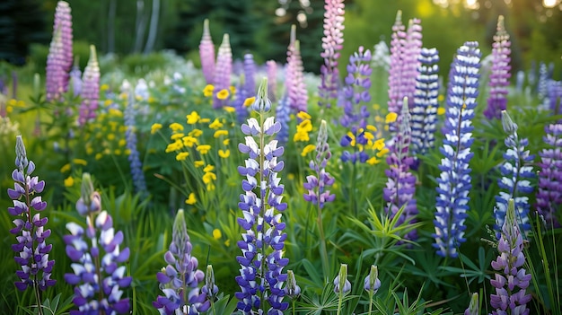 Un champ de fleurs sauvages violettes et jaunes avec un fond flou les fleurs sont en focus et les couleurs sont vives