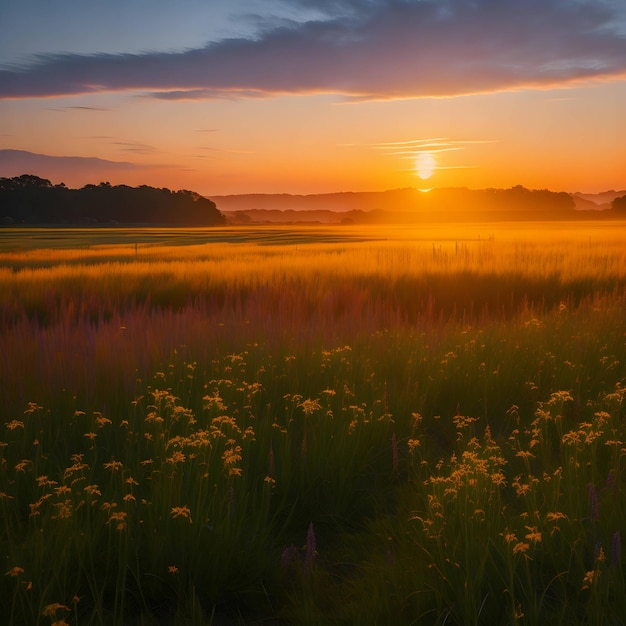 Un champ de fleurs avec le soleil couchant derrière