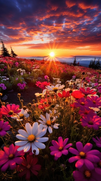 Un champ de fleurs avec le soleil couchant derrière