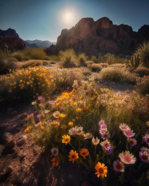 Un champ de fleurs avec le soleil couchant derrière