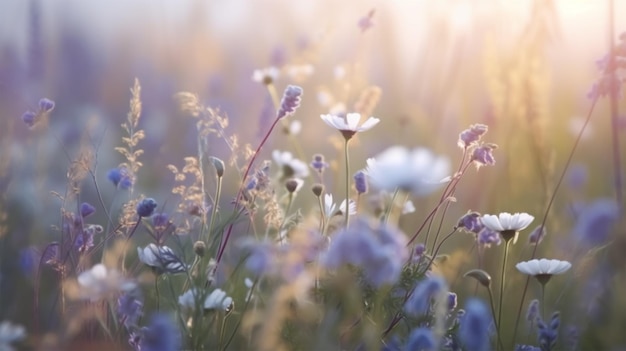 Un champ de fleurs avec le soleil qui brille à l'arrière-plan