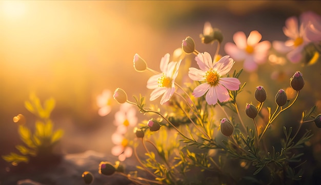 Un champ de fleurs avec le soleil qui brille dessus