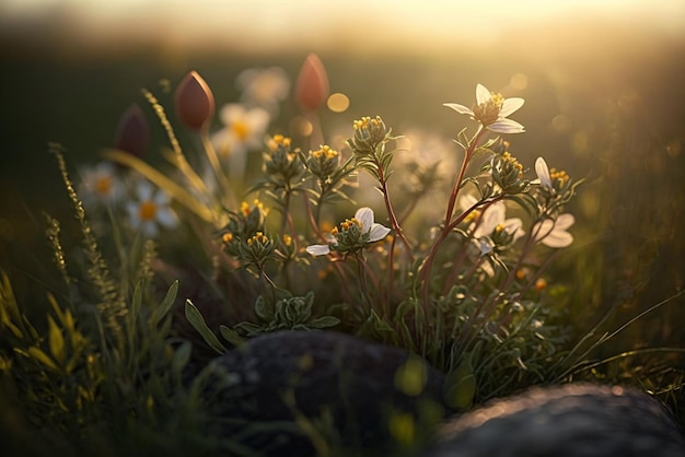 Un champ de fleurs avec le soleil qui brille dessus