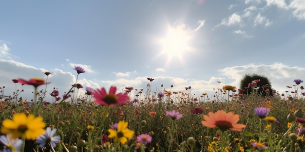 Un champ de fleurs avec le soleil qui brille dessus