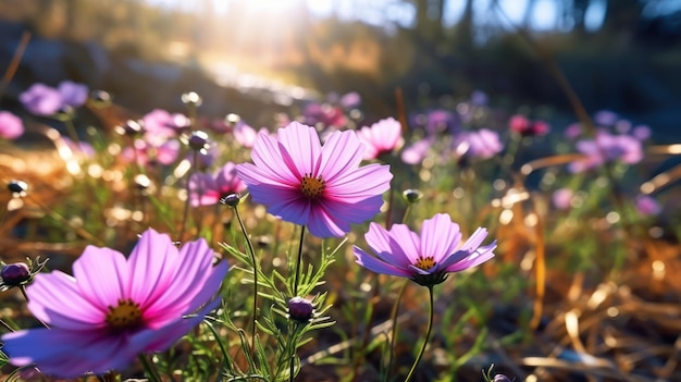 Un champ de fleurs avec le soleil qui brille dessus