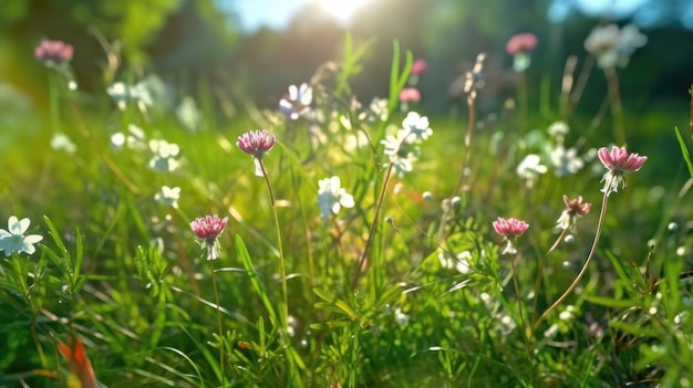 Un champ de fleurs avec le soleil qui brille dessus