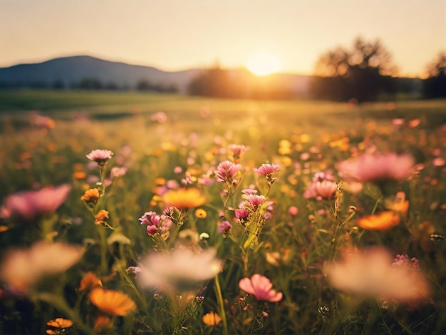 un champ de fleurs avec le soleil qui se couche derrière eux