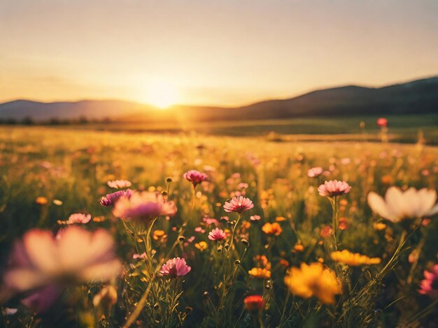 Photo un champ de fleurs avec le soleil qui se couche derrière eux