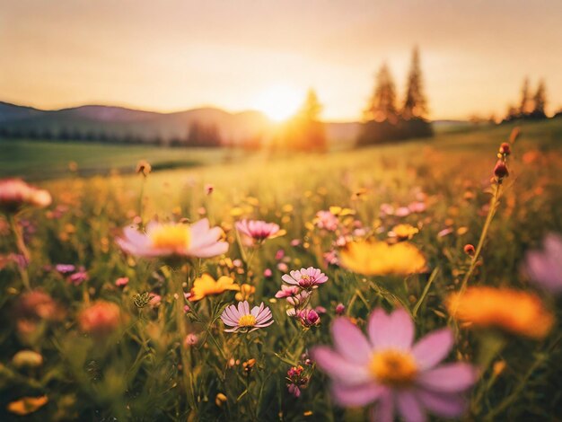 Photo un champ de fleurs avec le soleil qui se couche derrière eux