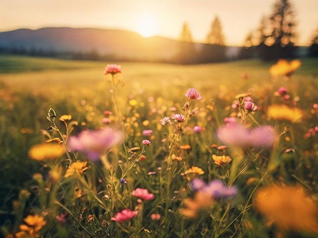 Photo un champ de fleurs avec le soleil qui se couche derrière eux