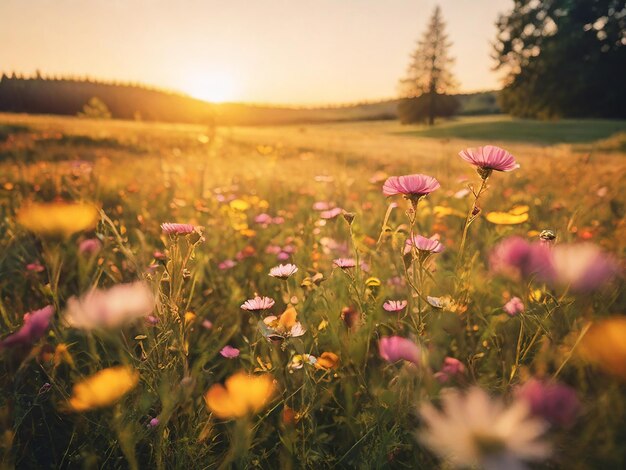 un champ de fleurs avec le soleil qui se couche derrière eux
