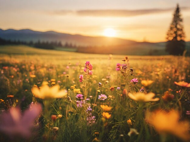 Photo un champ de fleurs avec le soleil qui se couche derrière eux