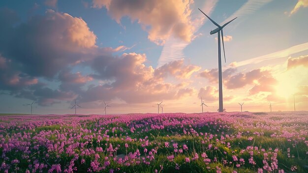 Champ en fleurs avec des turbines capturant l'essence du vent de la durabilité