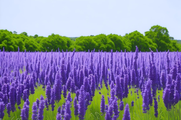 Un champ de fleurs violettes avec des arbres en arrière-plan