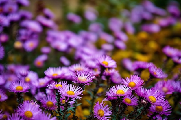 Un champ de fleurs violettes au centre jaune