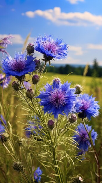 Photo un champ de fleurs violettes avec un ciel bleu en arrière-plan