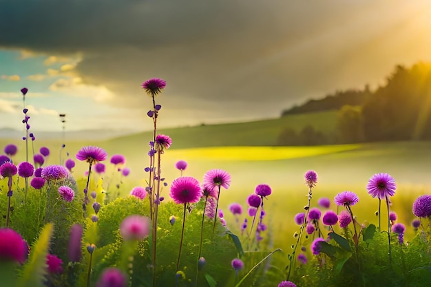 un champ de fleurs violettes avec un coucher de soleil en arrière-plan