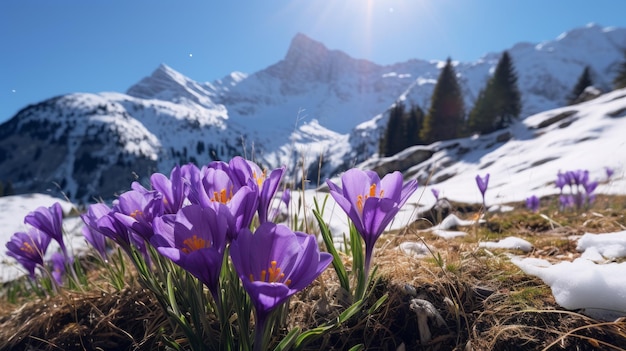 Un champ de fleurs violettes devant une montagne couverte de neige