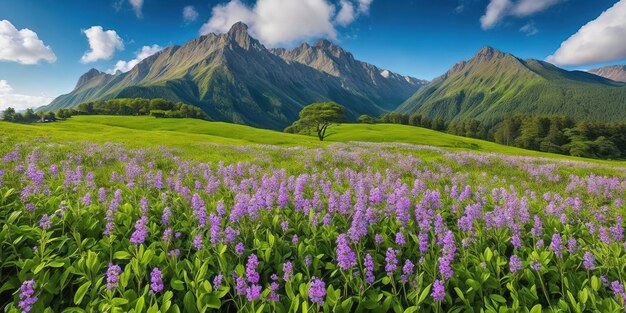 Un champ de fleurs violettes avec une montagne en arrière-plan