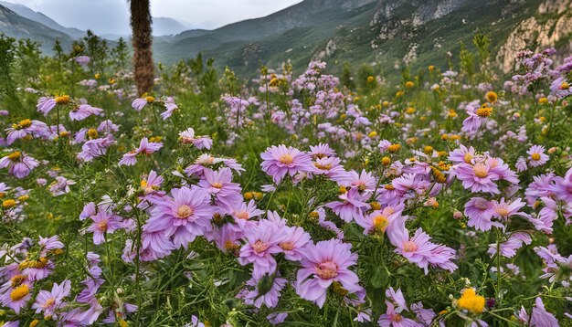 un champ de fleurs violettes avec une montagne en arrière-plan