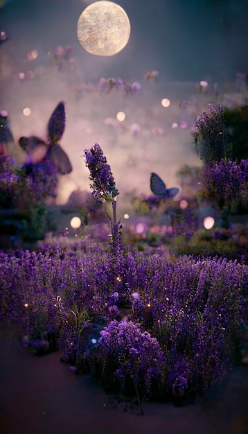 Champ de fleurs violettes avec une pleine lune en arrière-plan