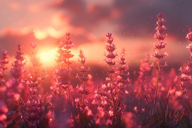 Champ de fleurs violettes avec le soleil en arrière-plan IA générative