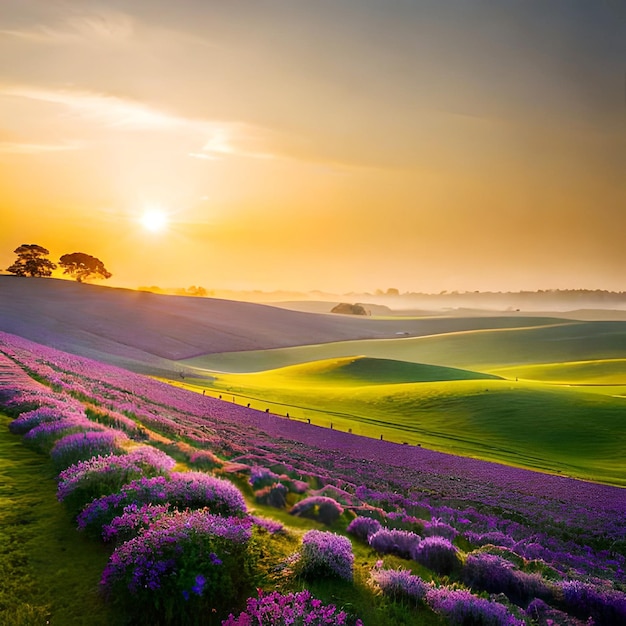 Un champ de fleurs violettes avec le soleil se couchant derrière