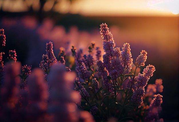 Un champ de fleurs violettes avec le soleil se couchant derrière