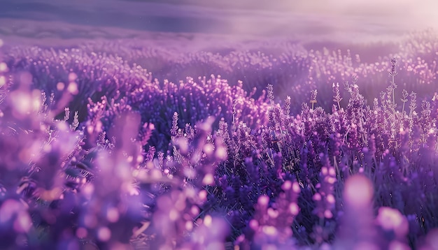 Un champ de fleurs violettes avec une teinte rose