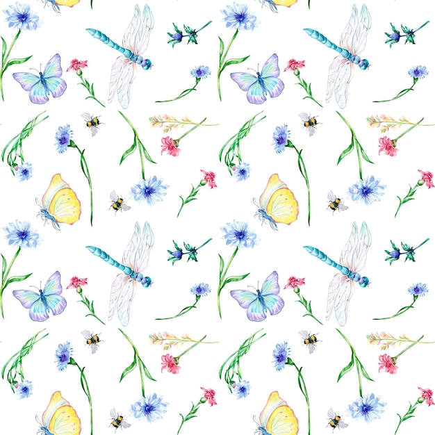 Champ floral d'été avec motif sans couture aquarelle libellule et papillon sur blanc