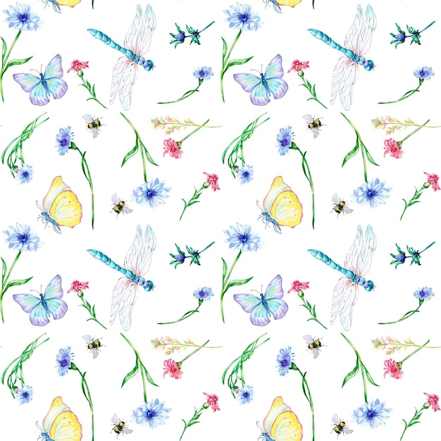 Champ floral d'été avec motif sans couture aquarelle libellule et papillon sur blanc