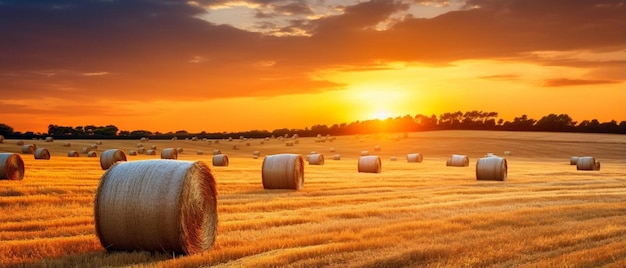 Photo un champ de foin avec un coucher de soleil en arrière-plan