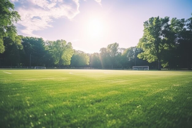 Champ de football avec gazon artificiel et ombre de filet de but sur de l'herbe synthétique verte