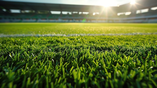 Photo champ de football luxuriant macro lames d'herbe arrière-plan du stade clarté de la lumière du jour