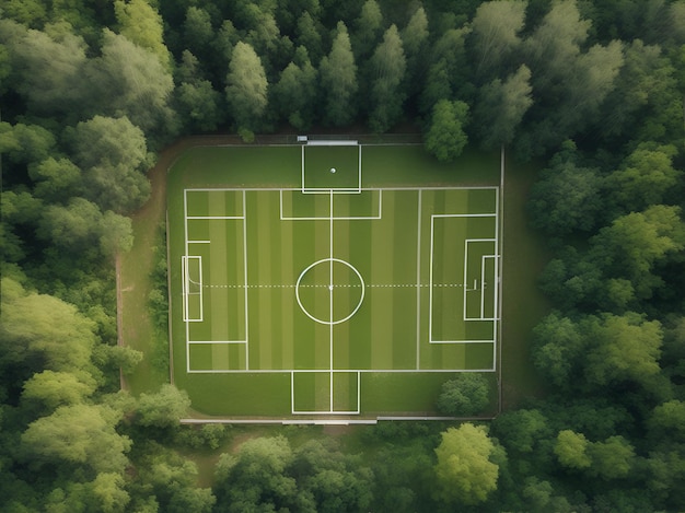 Champ de football en vue du haut de la forêt