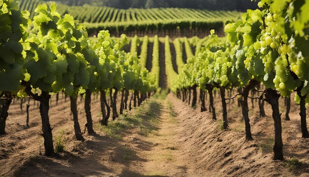 Photo un champ avec un groupe de vignes vertes et une route de terre