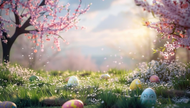Un champ d'herbe avec un arbre en arrière-plan et quelques œufs éparpillés par l'image générée par AI
