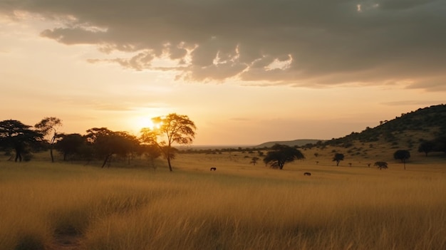 Photo un champ d'herbe avec un coucher de soleil en arrière-plan