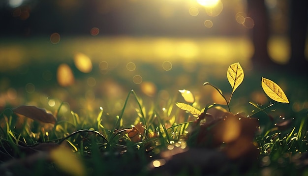 Un champ d'herbe avec des feuilles dessus