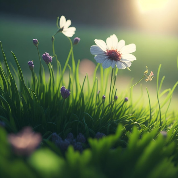 Un champ d'herbe avec des fleurs et le soleil qui brille dessus