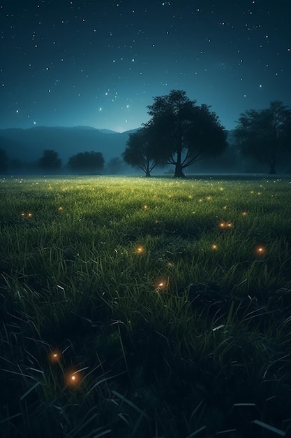 Un champ d'herbe avec des lucioles illuminées dessus