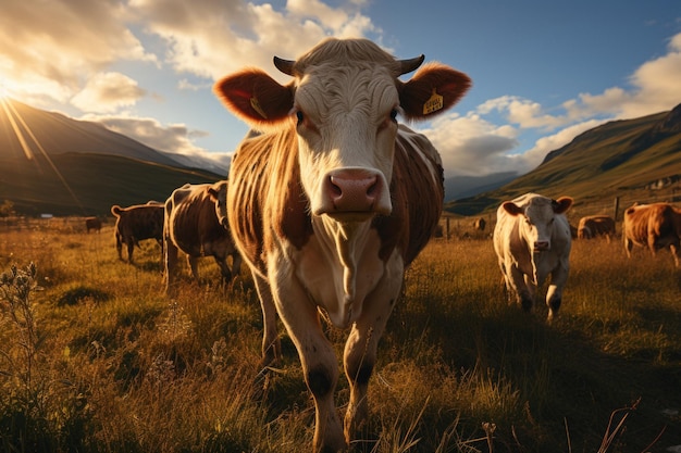 Un champ d'herbe luxuriant avec un troupeau de vaches sur un fond naturel pittoresque