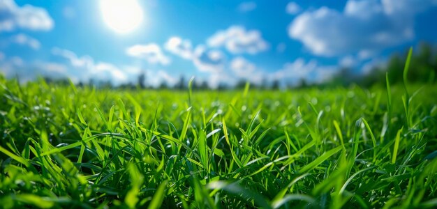 Un champ d'herbe luxuriante avec un ciel bleu ensoleillé et la lumière du soleil