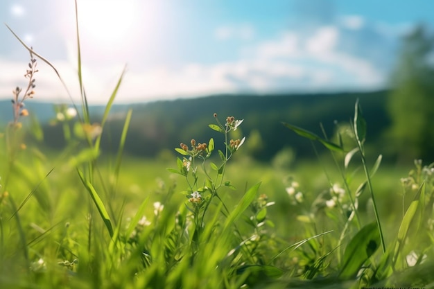 Un champ d'herbe avec une montagne en arrière-plan