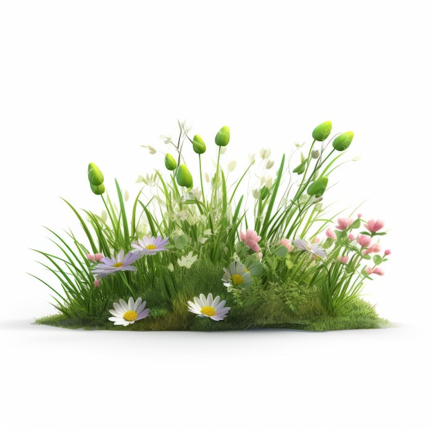 un champ d'herbe orné de fleurs et de marguerites aux couleurs vives est mis en valeur sur un fond blanc épuré. cette image de style daz3d présente des formes biomorphiques organiques, des jardins colorés et des miniatures complexes