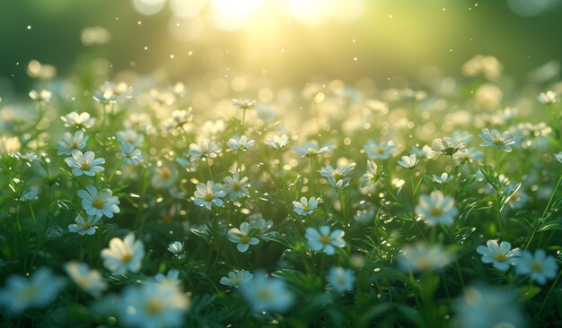 Photo un champ d'herbe avec de petites fleurs blanches au printemps