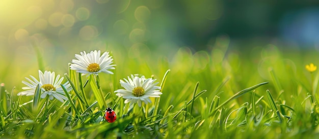 Un champ d'herbe de printemps avec deux marguerites et une coccinelle